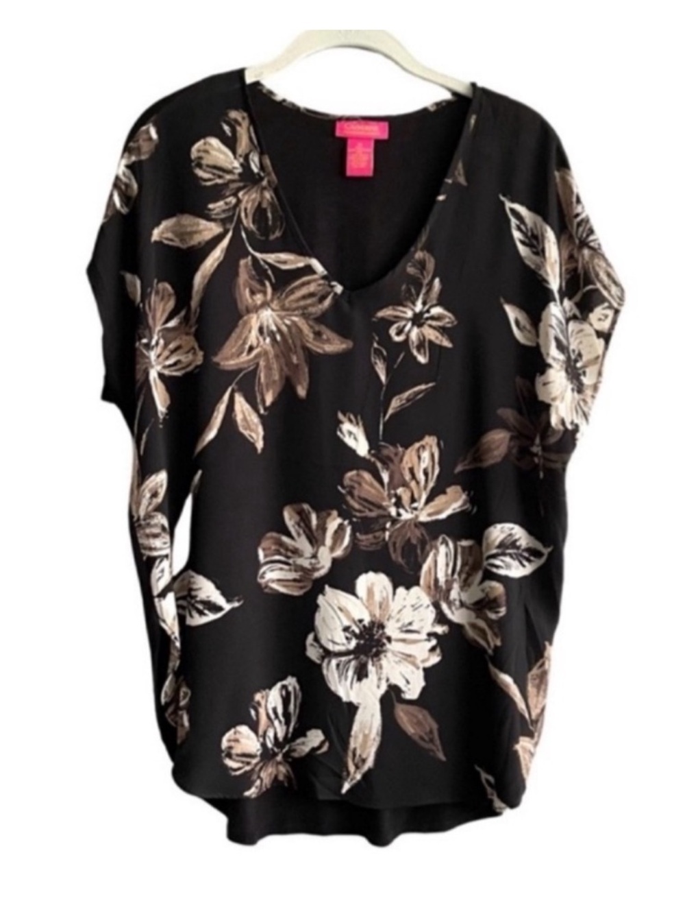 Catherine Malandrino V-neck Blouse Cap Sleeve Floral Black Tan White Size M